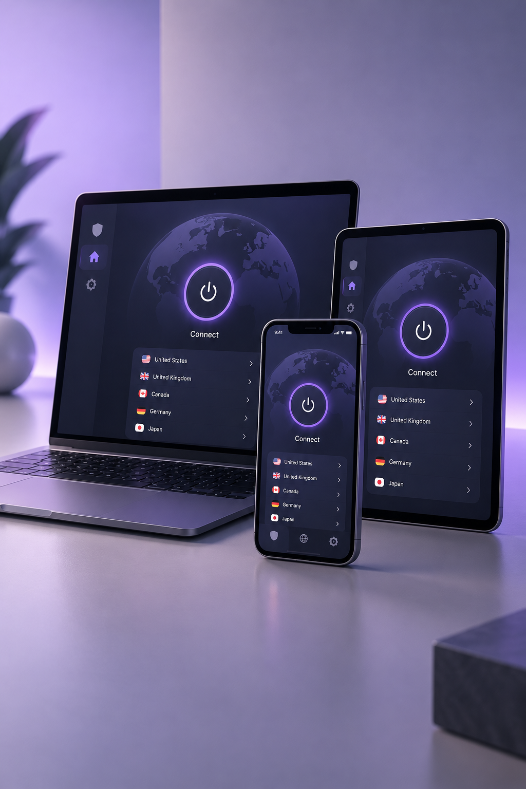 The Lightning VPN app running on a laptop, smartphone and tablet