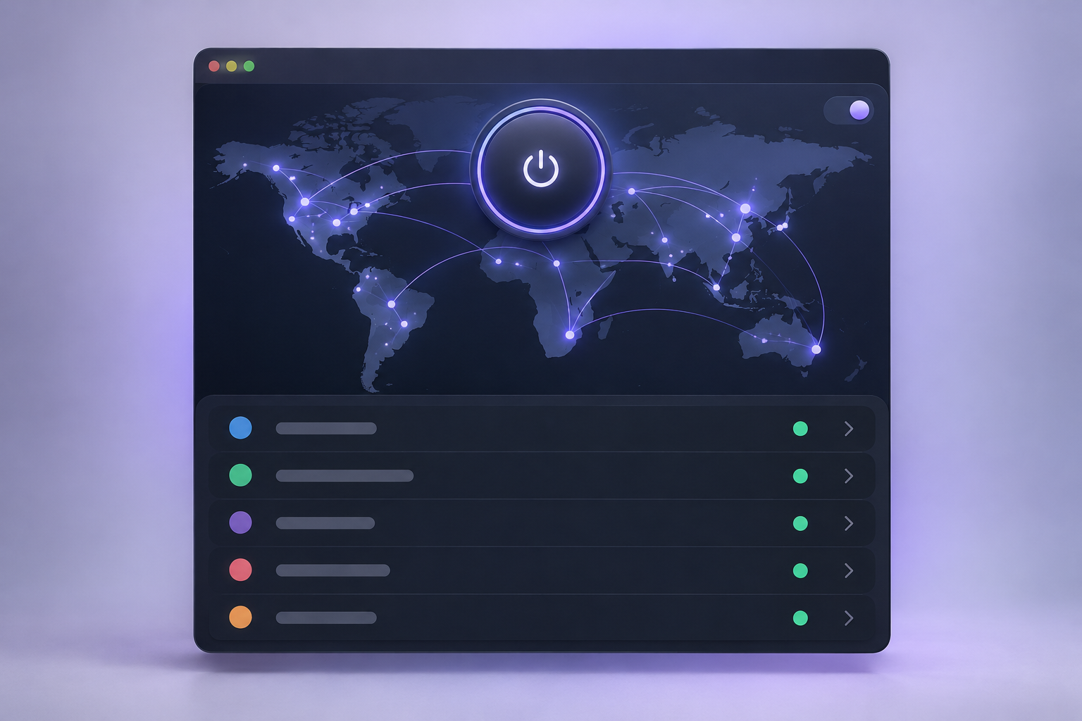 Lightning VPN desktop app with a world map of connection dots and a connect button