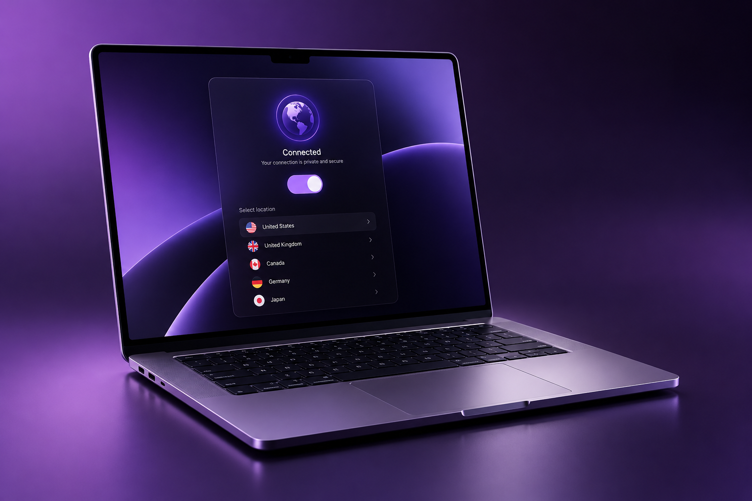 Lightning VPN app interface on a Mac laptop